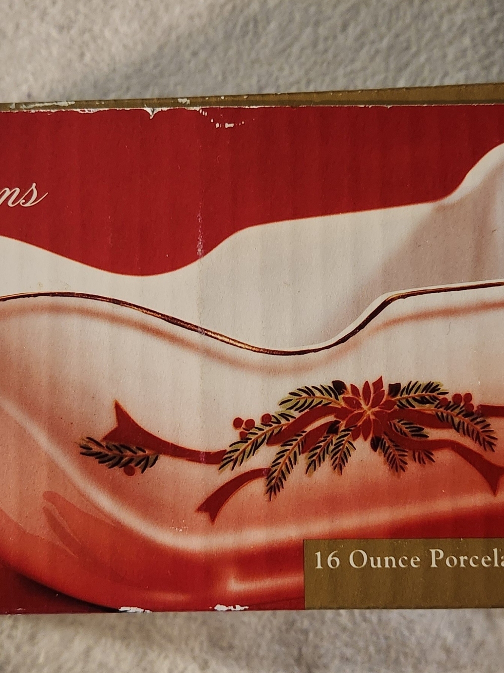 Vintage Poinsettia & Ribbons 16 Ounce Porcelain Holiday Sleigh Gravy Boat - NIB
